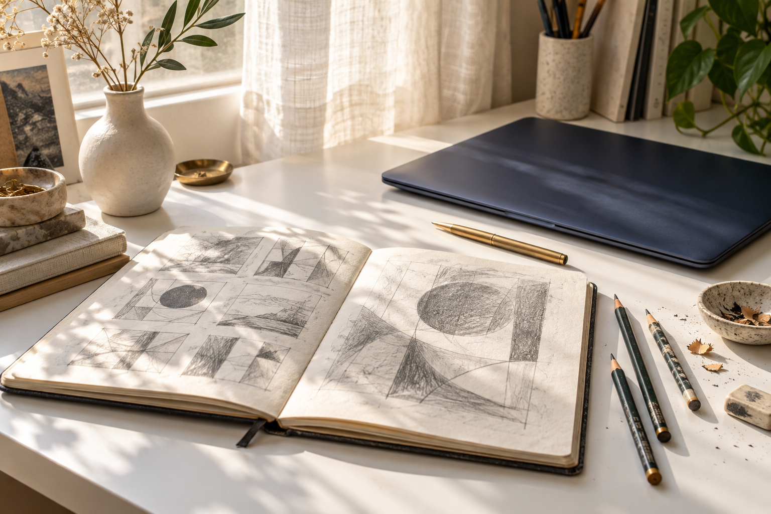Sketchbook, pencils and a navy laptop in a sunlit creative workspace