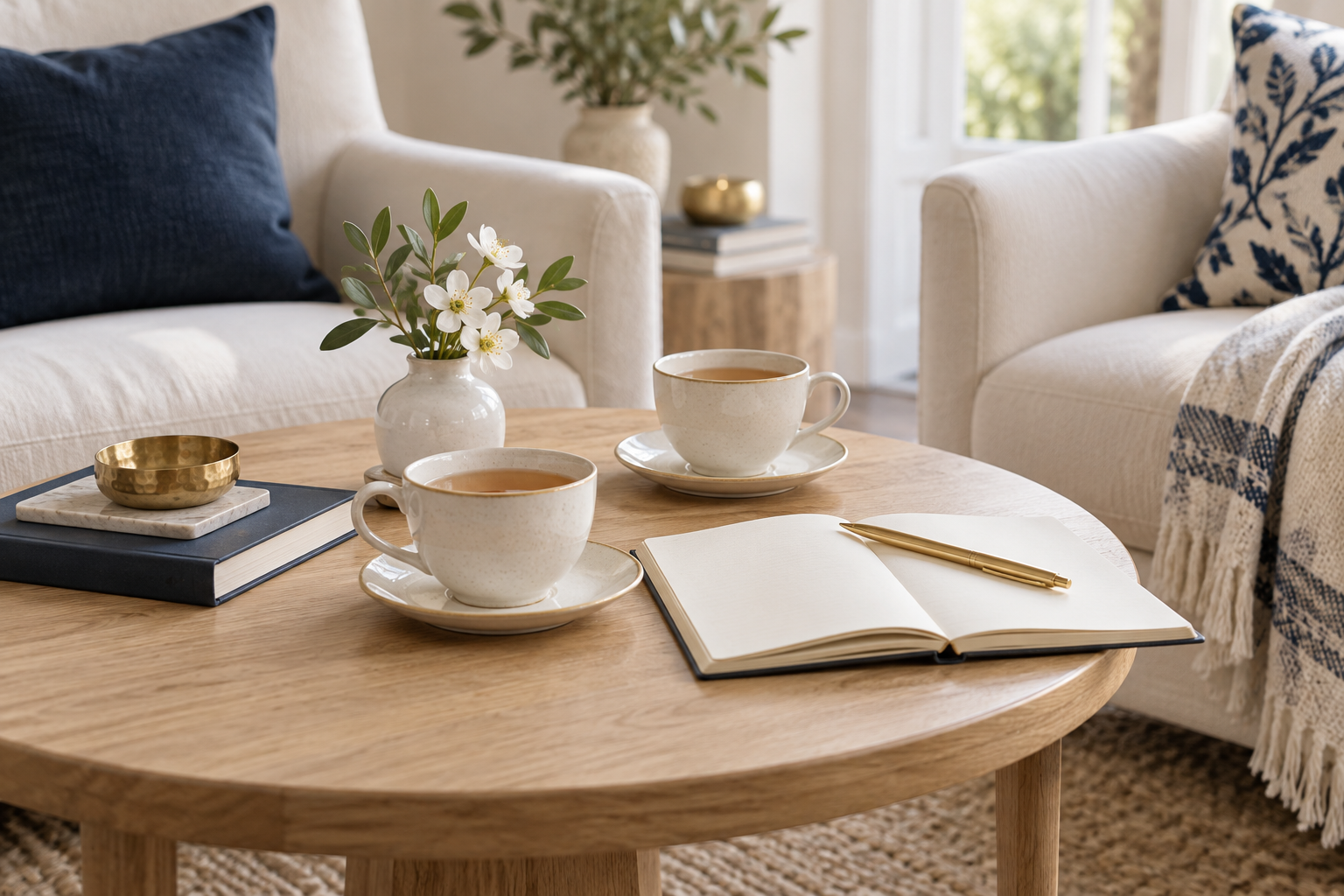 Tea and an open notebook in a welcoming space for conversation