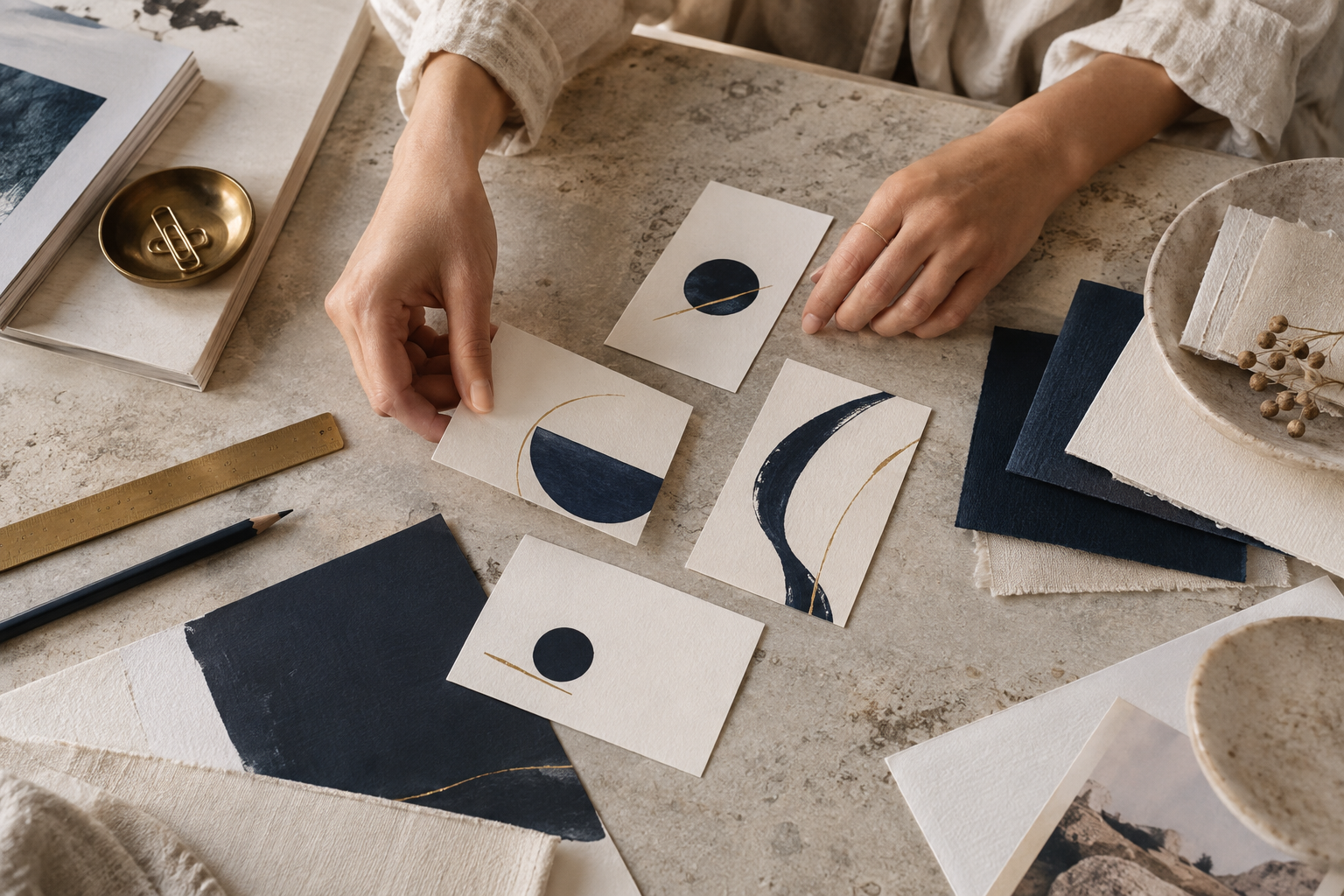 Hands arranging navy and gold visual identity concepts and textured paper samples.