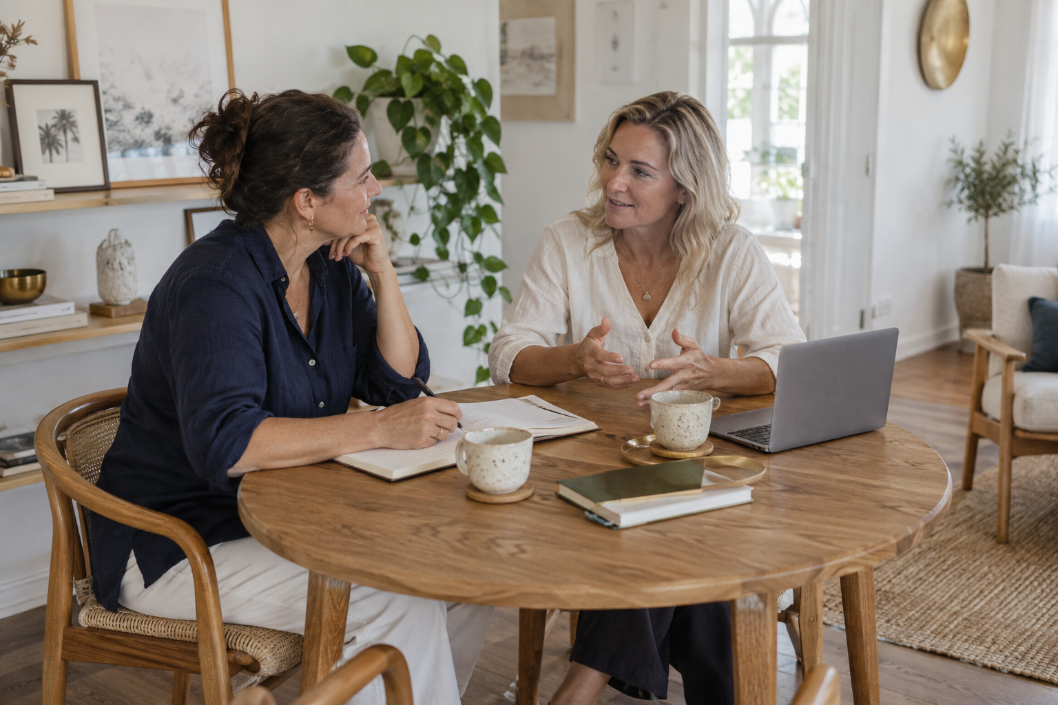 Two women talking through ideas at a table with notebooks and a laptop.