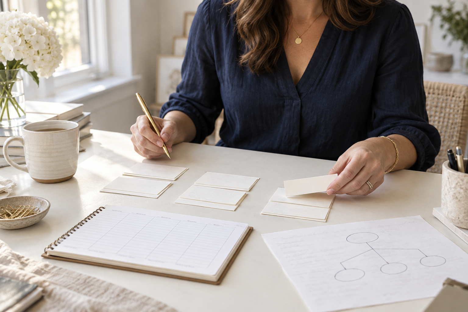 A business owner organising planning cards beside a weekly planner.
