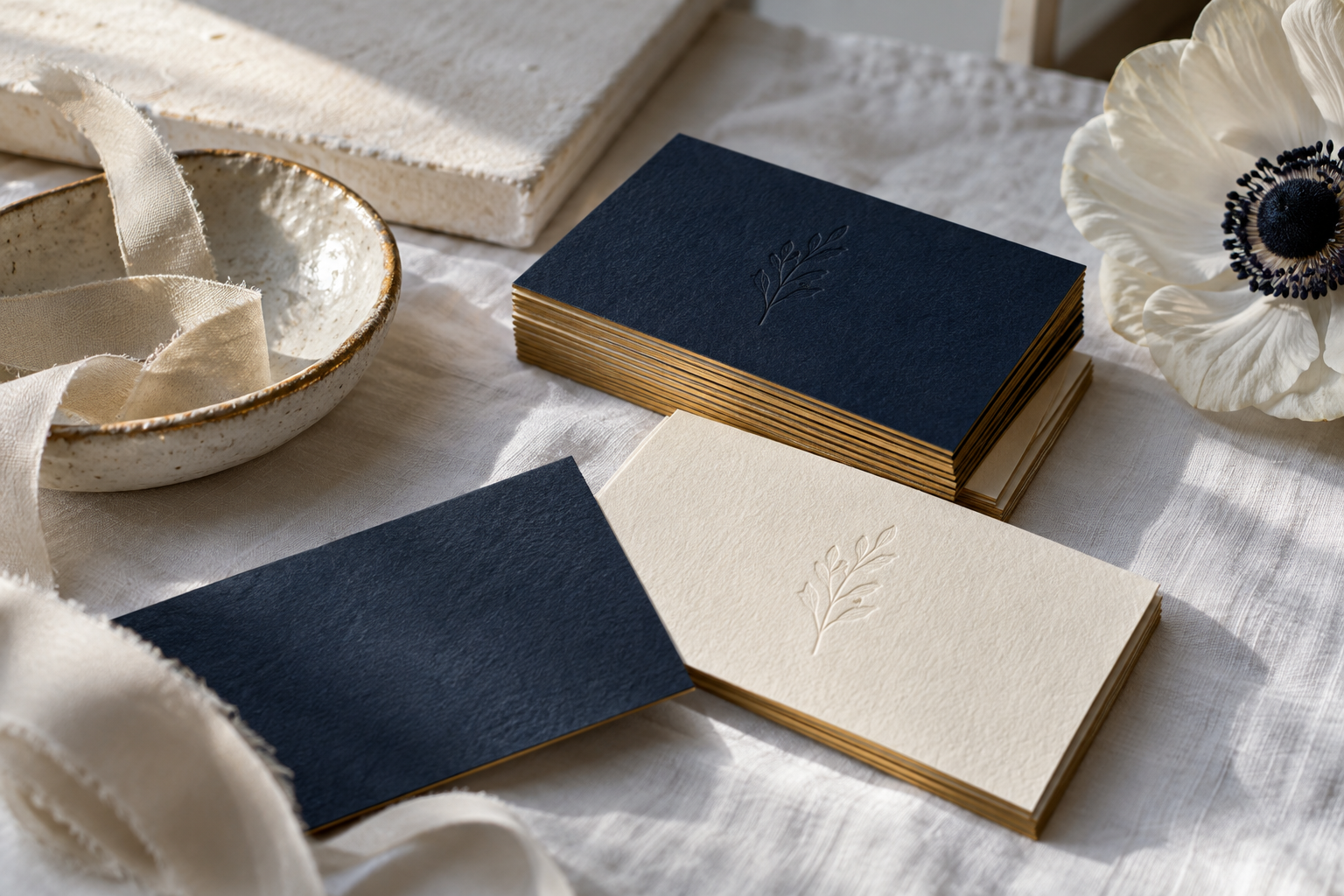 Textured navy and ivory stationery with gold edges on soft linen.