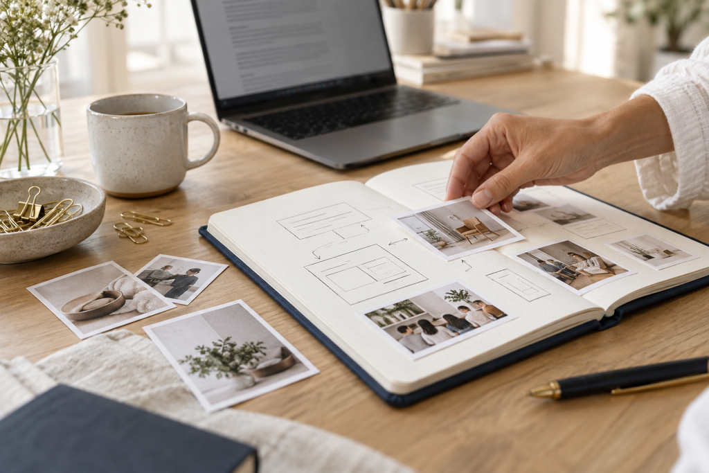 Photographs and a page map being arranged to plan website content.