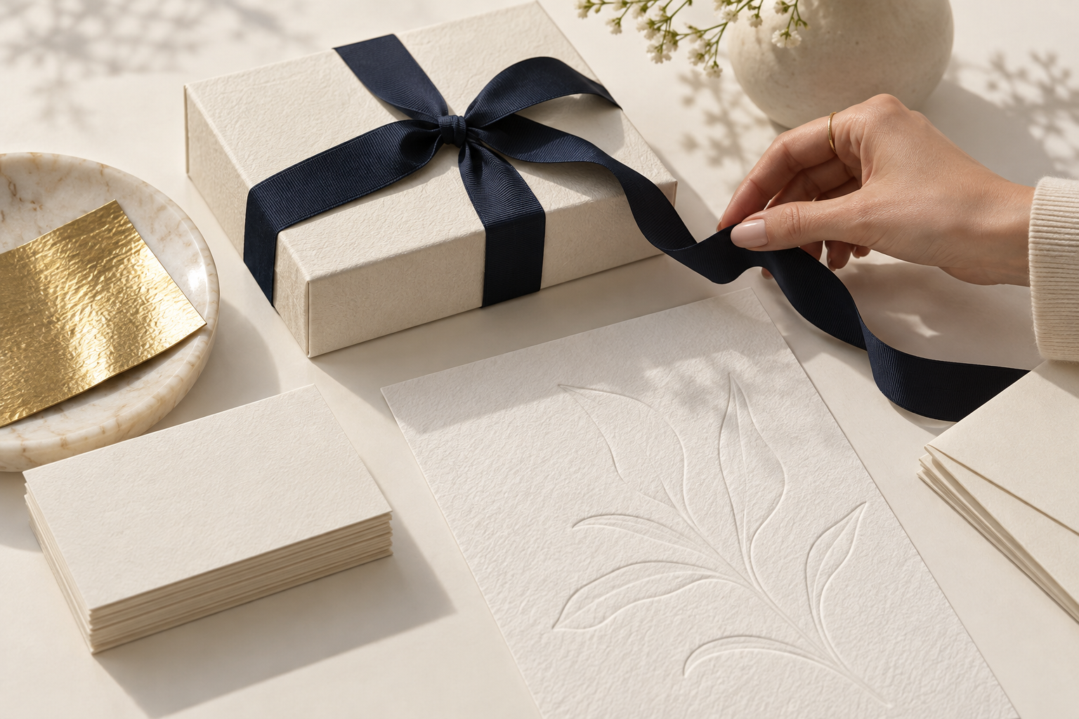 Navy ribbon, textured stationery and gold details for a brand concept