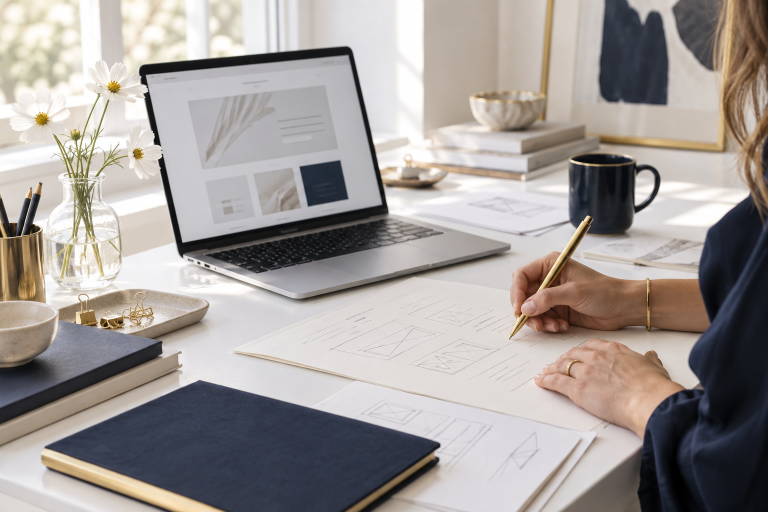Sketching a website layout beside a laptop in a bright studio