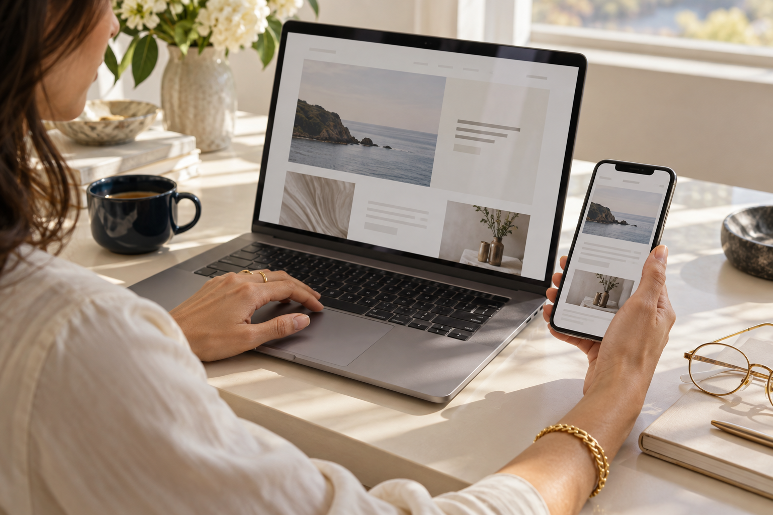 Reviewing a responsive website layout on a laptop and phone