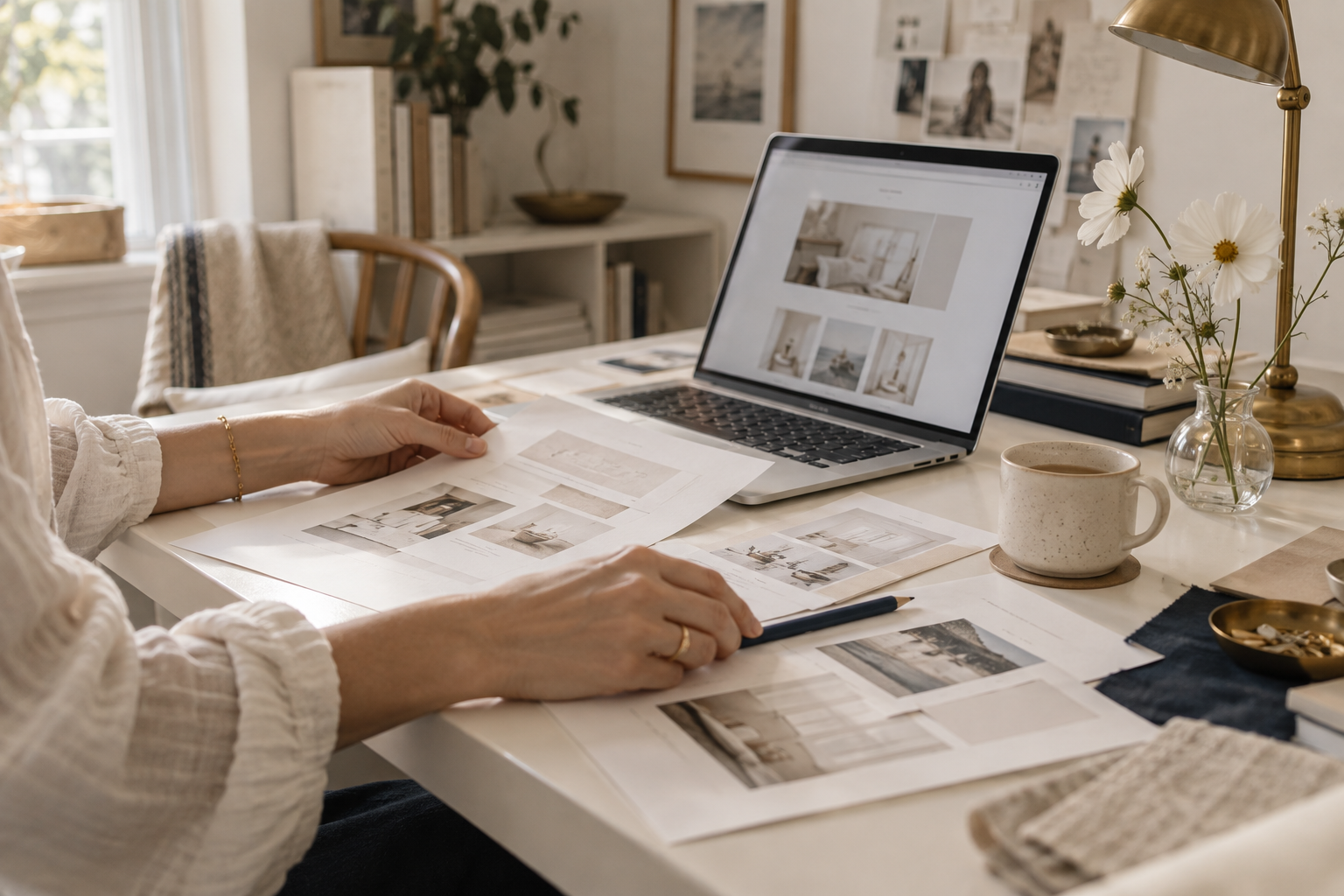 Website layouts being planned on paper beside a laptop in a light studio.